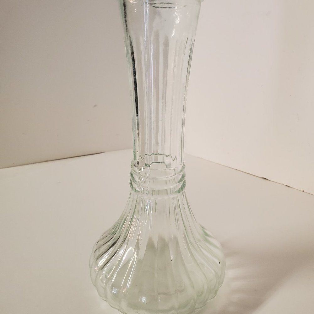 Vintage 9" Clear Glass Bud Vase CFG  Ribbed Design with Pot Belly Bottom